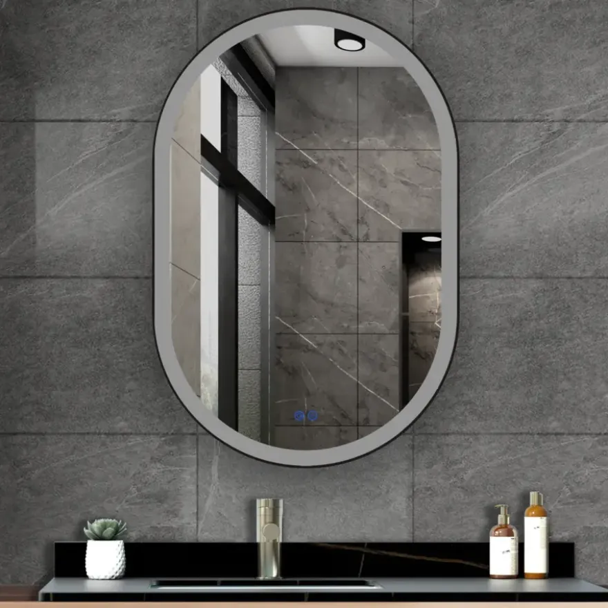 Atlantic badkamerspiegel Dona met verlichting ovaal 90 x 60 cm chroom - met zwarte aluminium rand