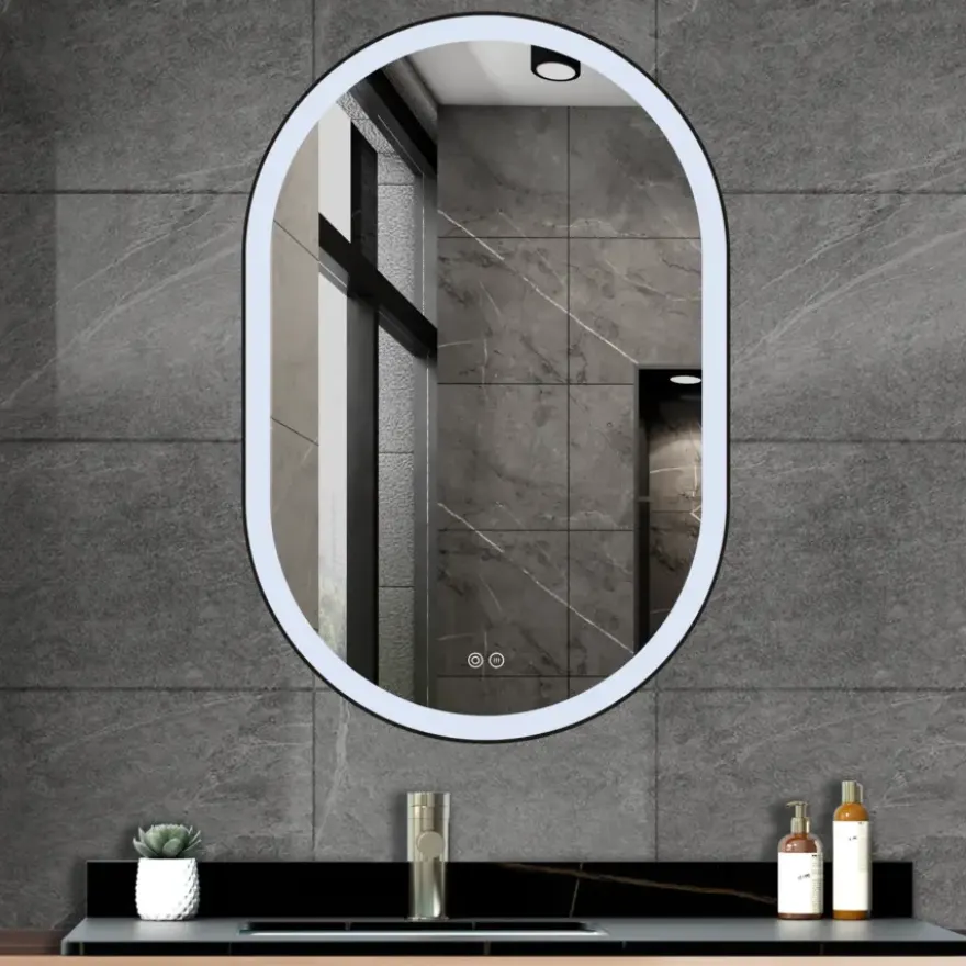 Atlantic badkamerspiegel Dona met verlichting ovaal 90 x 60 cm chroom - met zwarte aluminium rand