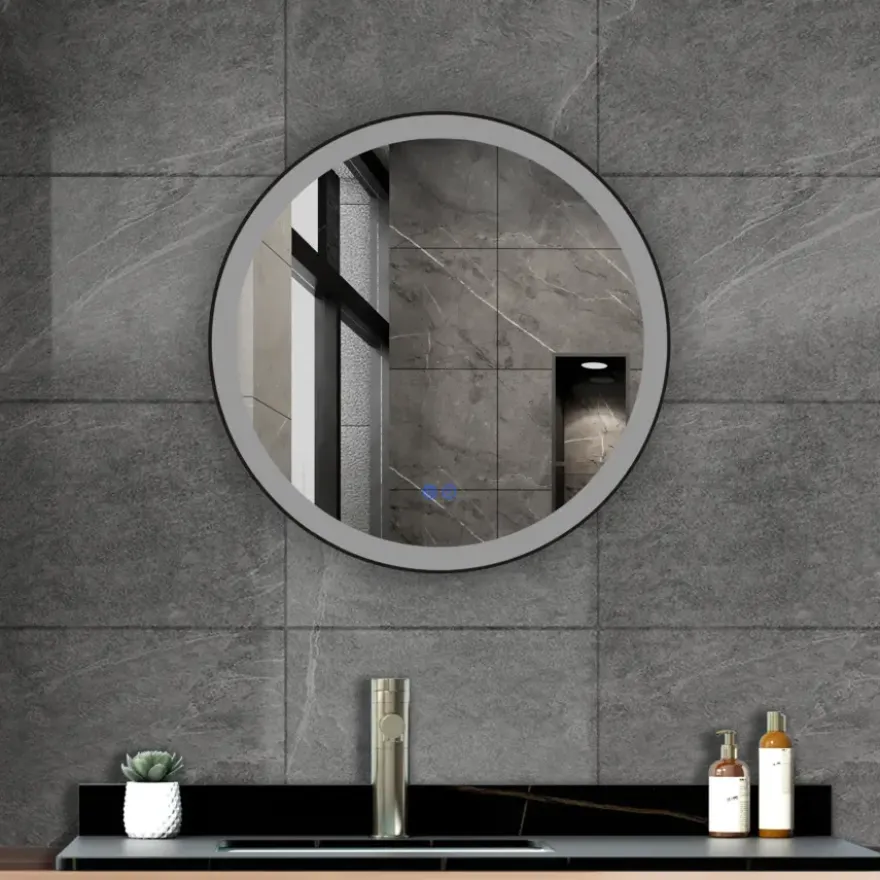 Atlantic badkamerspiegel Janessa met verlichting rond ø 60 cm chroom - met zwarte aluminium rand