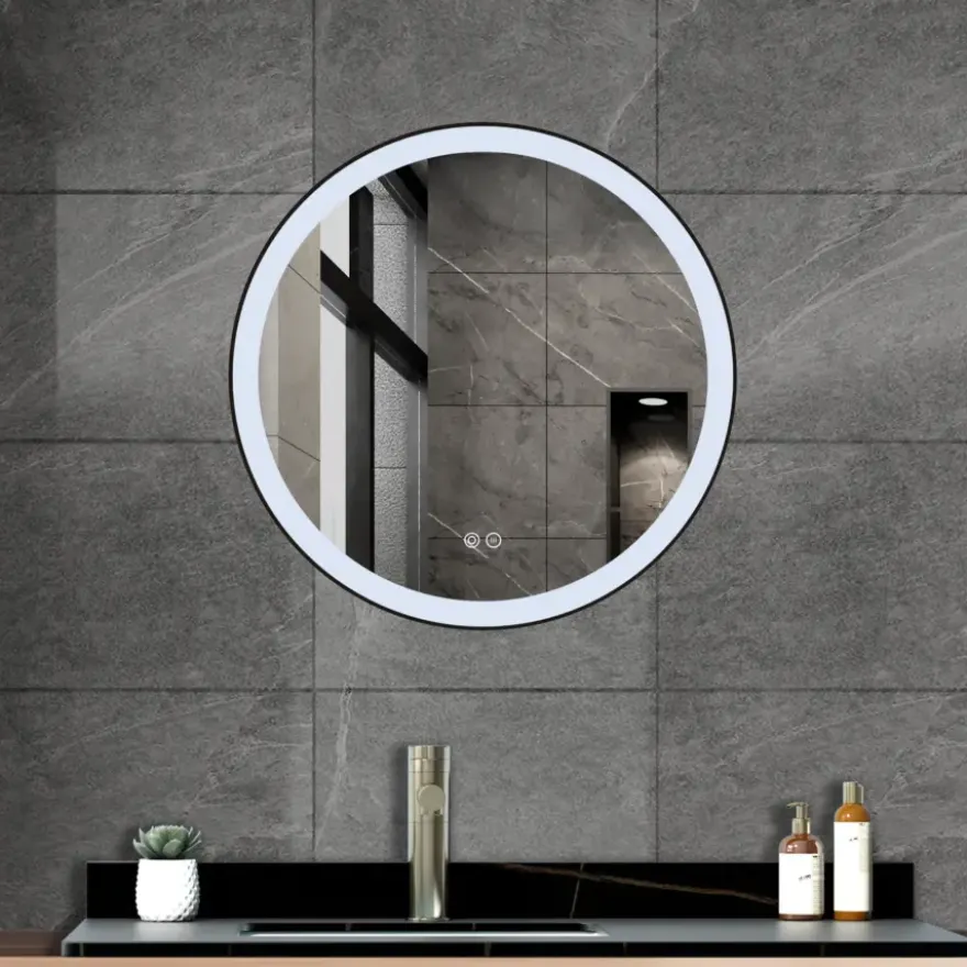 Atlantic badkamerspiegel Janessa met verlichting rond ø 60 cm chroom - met zwarte aluminium rand