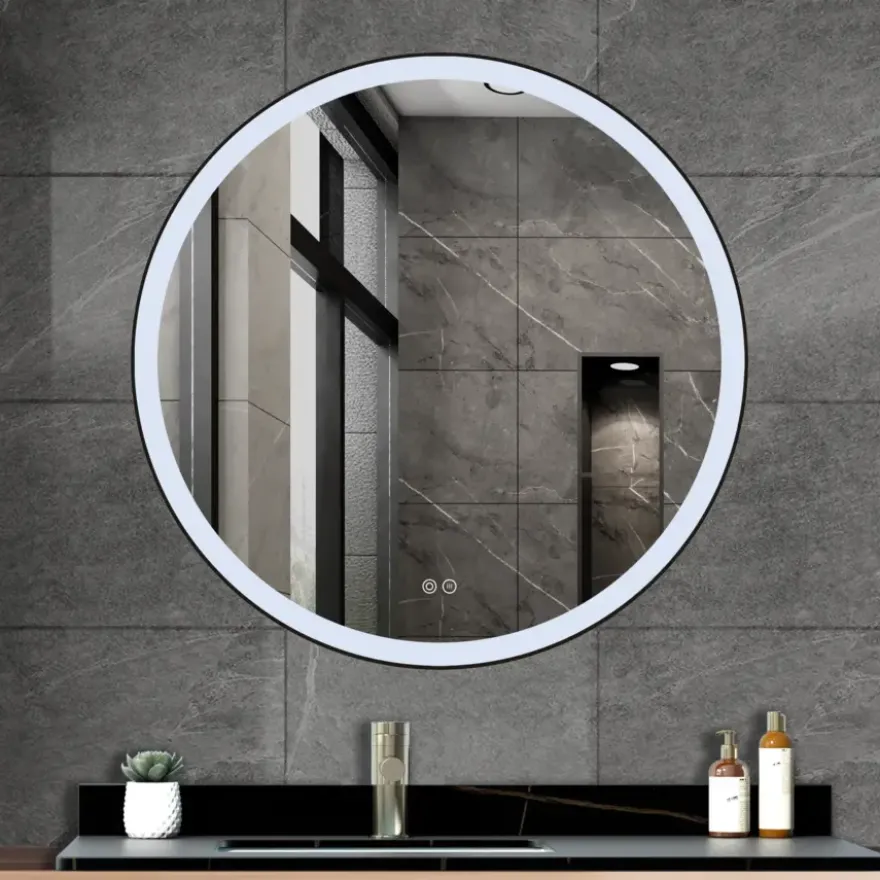 Atlantic badkamerspiegel Janessa met verlichting rond ø 80 cm chroom - met zwarte aluminium rand