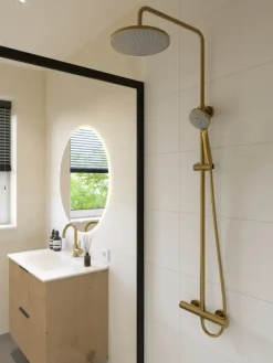 Atlantic regendoucheset Asher met handdouche 3 standen en thermostaatkraan goud - - hartafstand kraan 15 cm
