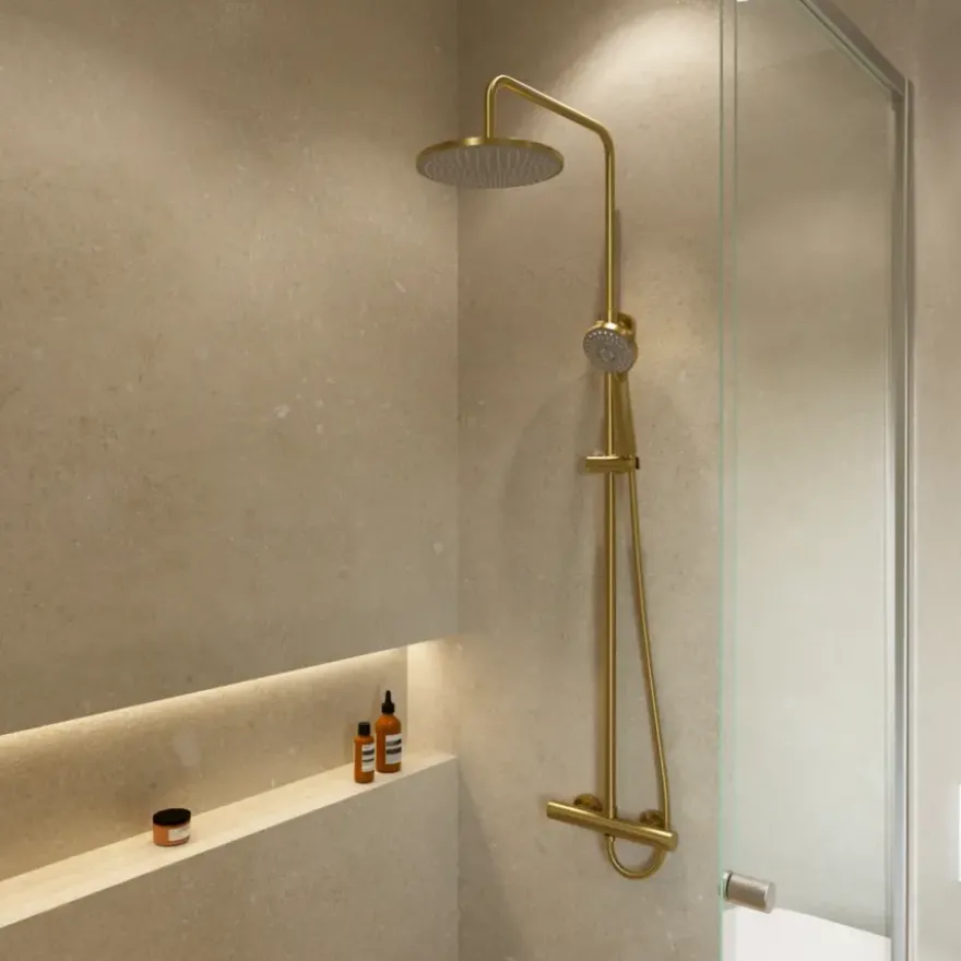 Atlantic regendoucheset Asher met handdouche 3 standen en thermostaatkraan goud - - hartafstand kraan 15 cm