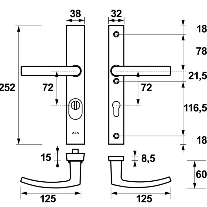 AXA veiligheidsbeslag Edge achterdeur aluminium smal schild met SKG 3-sterren 72 mm