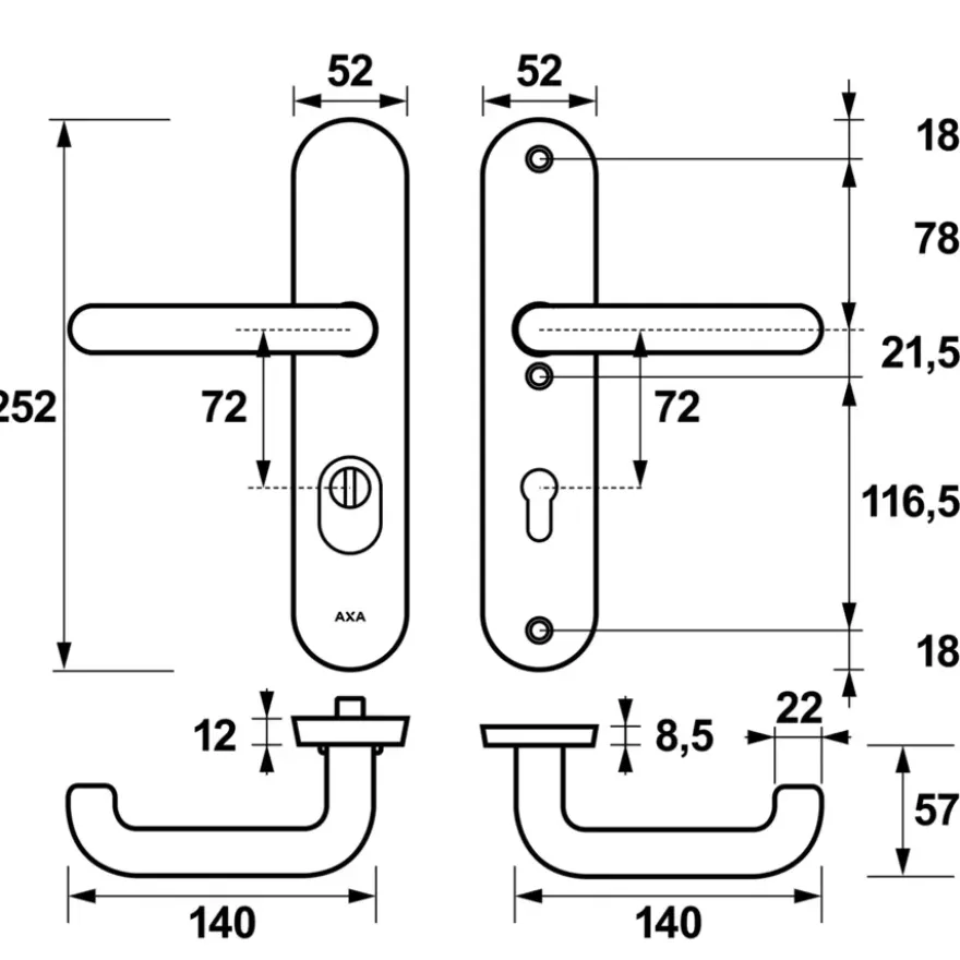 AXA veiligheidsbeslag Oval achterdeur aluminium langschild met SKG 3-sterren 72 mm
