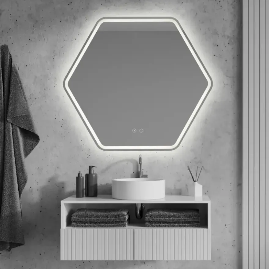 Badkamerspiegel Nora met verlichting hexagon 79 x 70 cm met lijst chroom