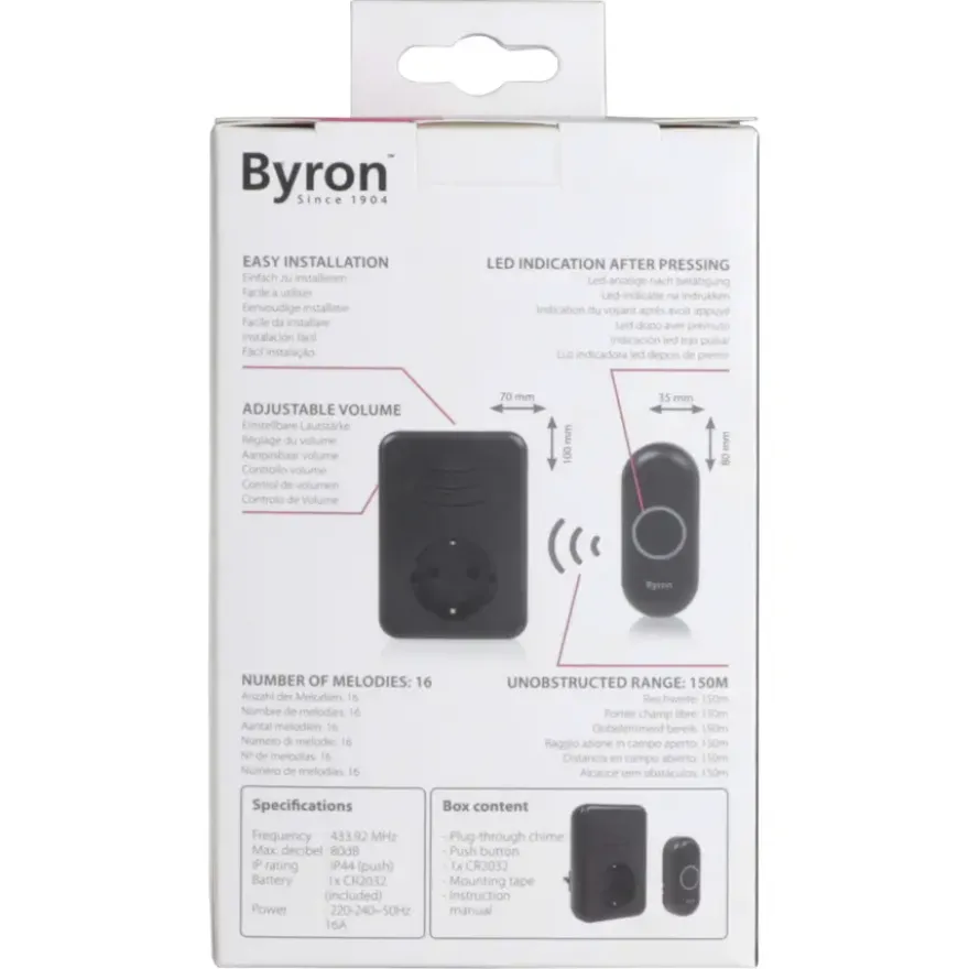 Byron DBY-22353 Draadloze deurbelset plugin met stopcontact 150m zwart