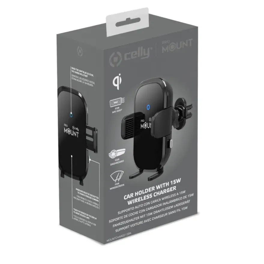 Celly draadloze telefoon oplader / houder MountCharge 15W BK