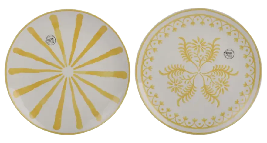 Dinerbord geel strepen bloemen d27cm - per stuk