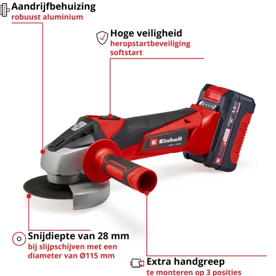 Einhell 18V slijptol / haakse slijper 115mm TC-AG 18/115 LI incl 4.0Ah accu en lader