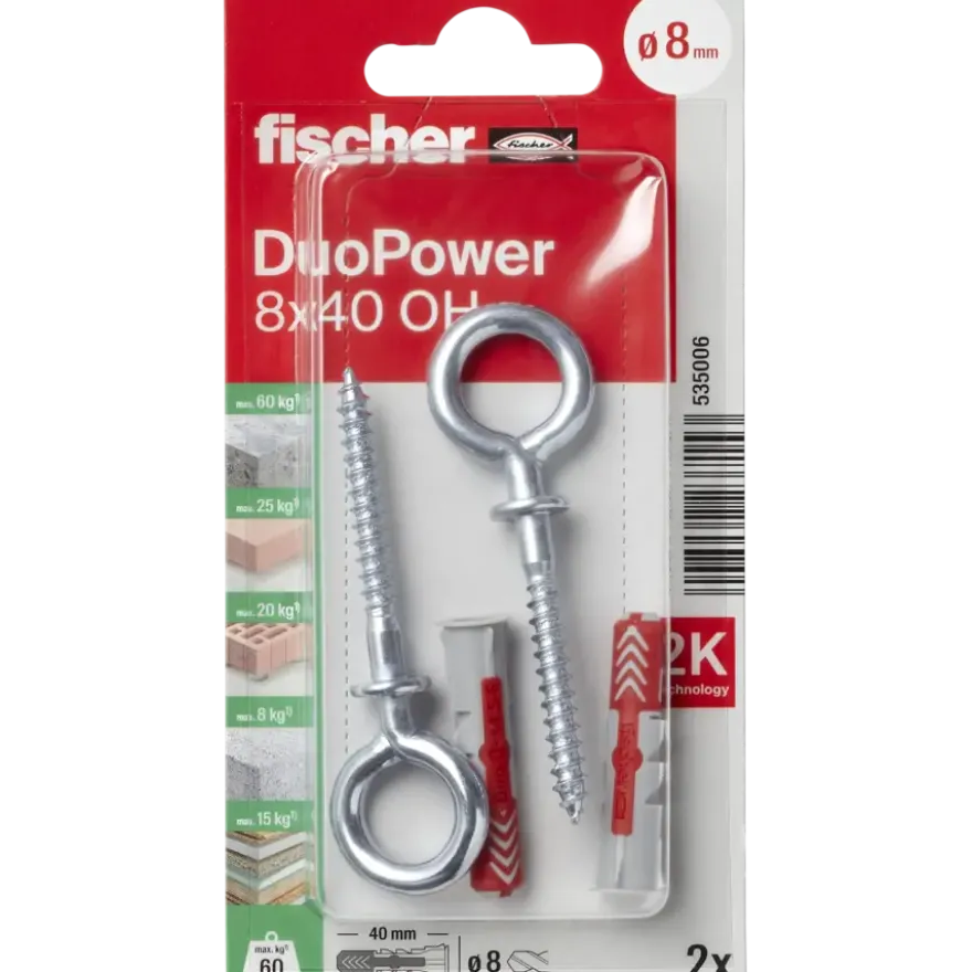 Fischer Universeelplug DuoPower 8x40mm met ooghaak 2 stuks