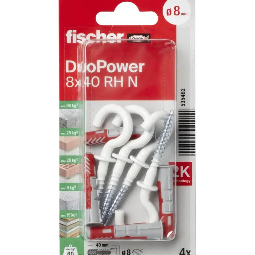 Fischer Universeelplug DuoPower 8x40mm met witte schroefhaak 4 stuks