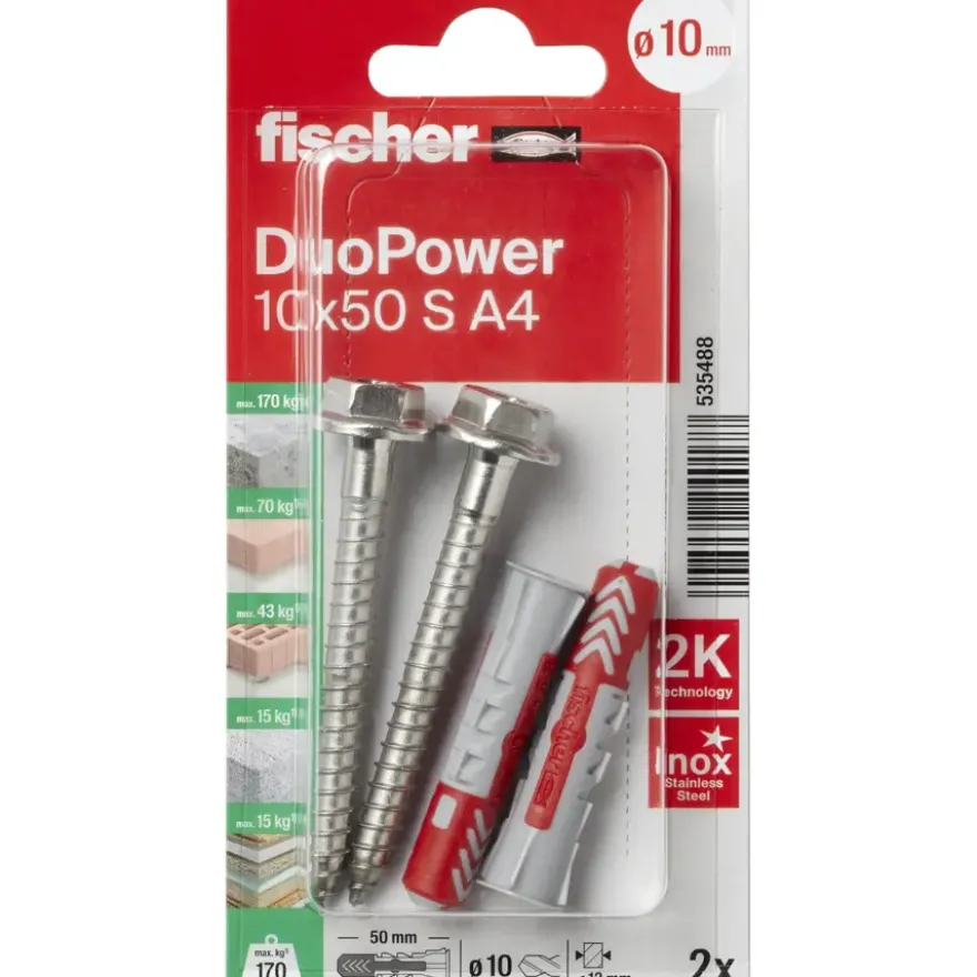 Fischer Universeelplug DuoPower 10x50 mm met RVS schroef 2 stuks