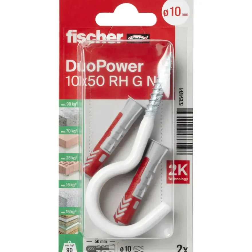 Fischer Universeelplug DuoPower 10x50mm met grote haak wit 2 stuks