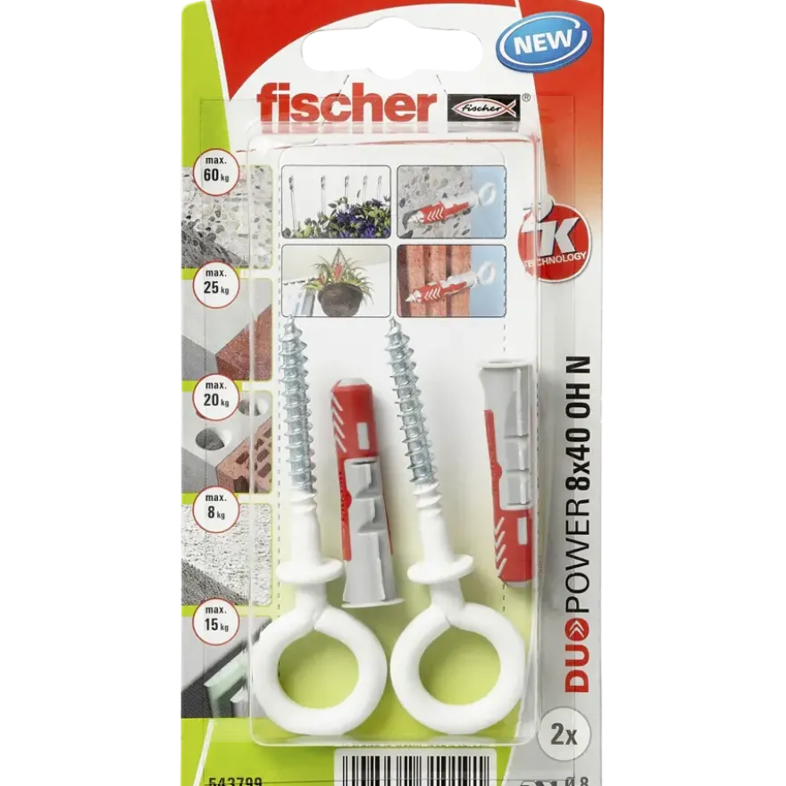 Fischer Universeelplug DuoPower 8x40mm met witte ooghaak 2 stuks