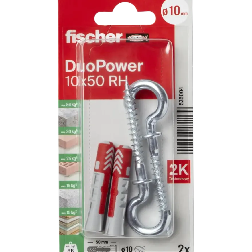 Fischer Universeelplug DuoPower 10x50mm met ronde haak 2 stuks