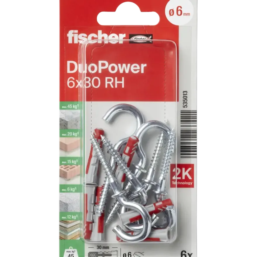 Fischer Universeelplug DuoPower 6x30mm met ronde schroefhaak 6 stuks