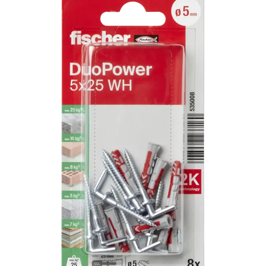 Fischer Universeelplug DuoPower 5x25mm met schroefduim 8 stuks