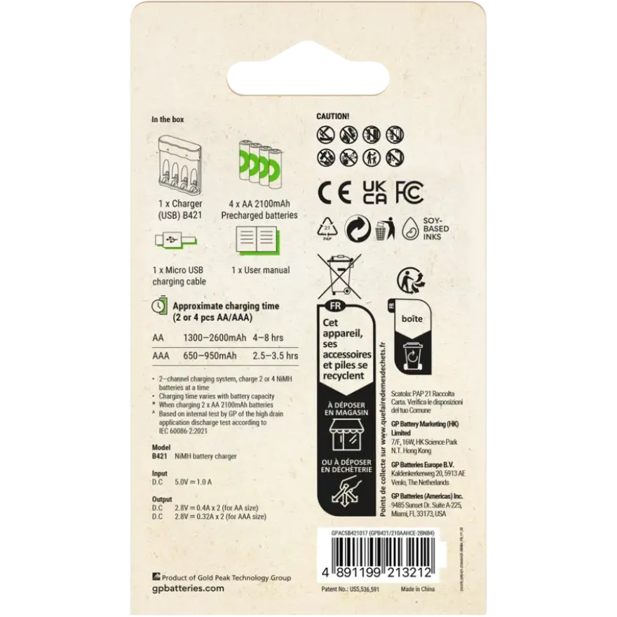 GP Batterijlader + 4x oplaadbare batterijen AA 2100mAh ReCyko + Micro USB-lader