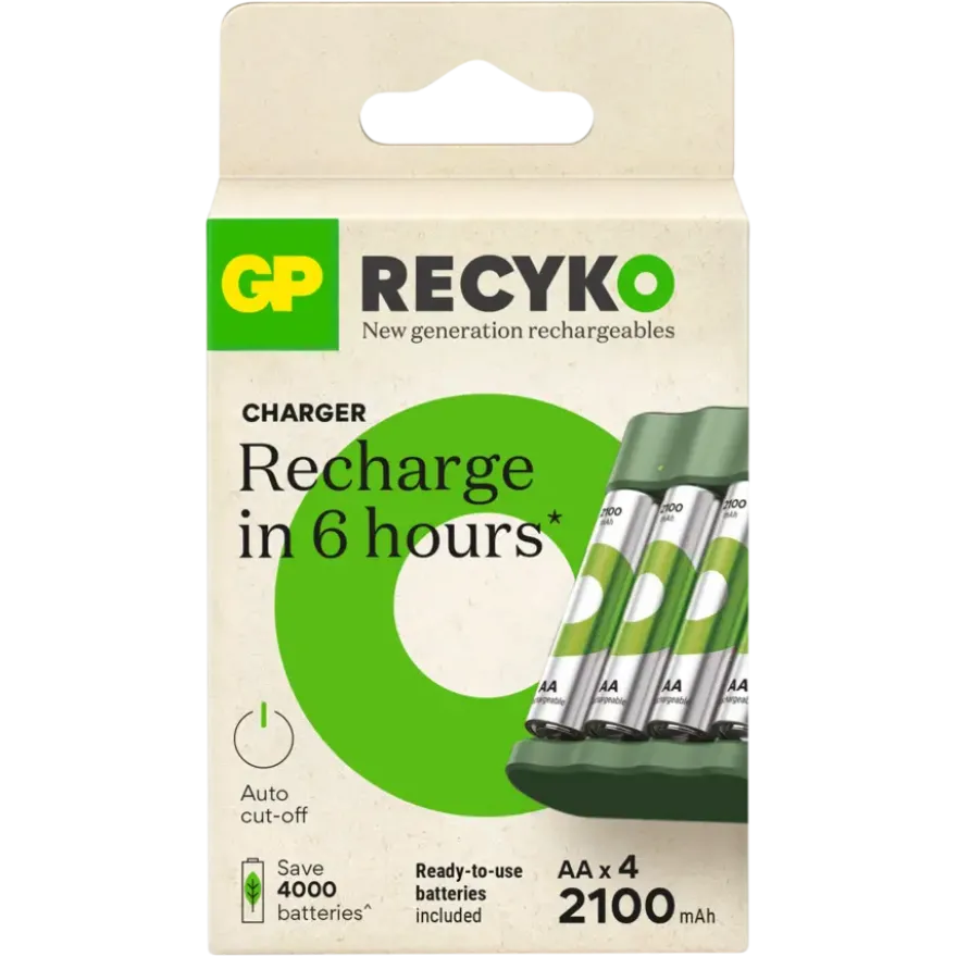GP Batterijlader + 4x oplaadbare batterijen AA 2100mAh ReCyko + Micro USB-lader