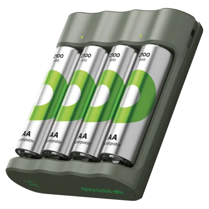 GP Batterijlader + 4x oplaadbare batterijen AA 2100mAh ReCyko + Micro USB-lader