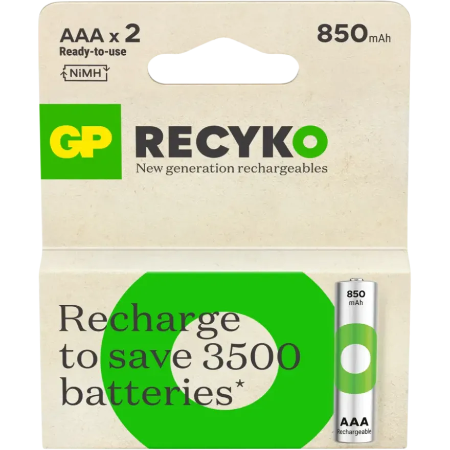 GP Batterij Oplaadbaar AAA NiMH 850mAh ReCyko 1,2V 2 Stuks