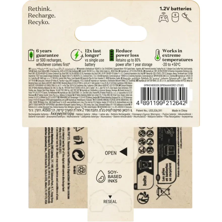 GP Batterij Oplaadbaar AAA NiMH 850mAh ReCyko 1,2V 2 Stuks