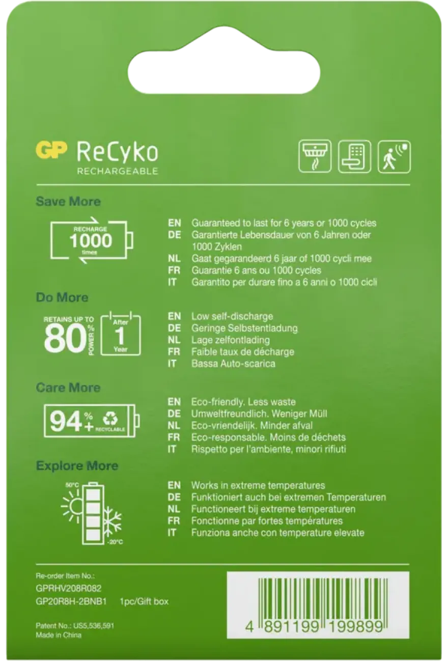 GP Batterij Oplaadbaar 9V NiMH 200mAh ReCyko 8,4V 1 Stuk