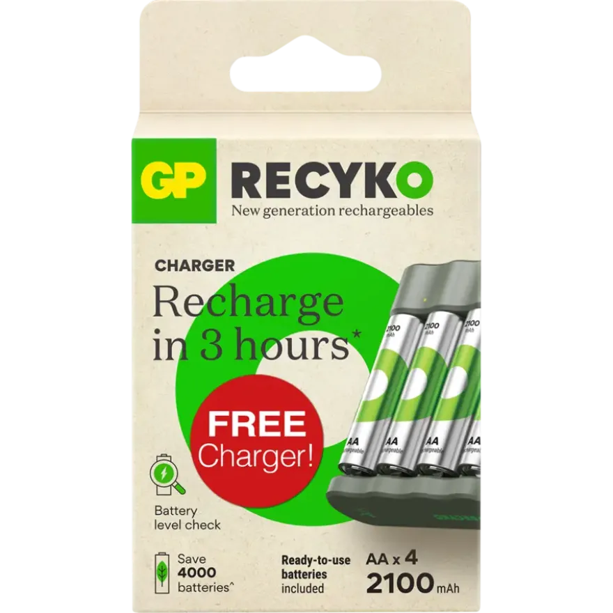 GP ReCyko oplaadbare batterijen AA 2100 mAh 4 stuks + gratis lader
