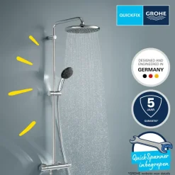 Grohe douchesysteem Vitalio Start 250 met handdouche en thermostaatkraan 2 standen chroom, max. 8,0 L/min bij 3 bar - hartafstand kraan 15 cm
