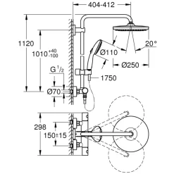 Grohe douchesysteem Vitalio Start 250 met handdouche en thermostaatkraan 2 standen chroom, max. 8,0 L/min bij 3 bar - hartafstand kraan 15 cm