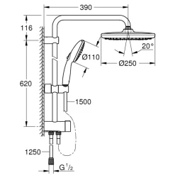Grohe Douchesysteem Vitalio Start 250 met omstelling Rond, Max. 8,0L/M Bij 3 Bar Chroom - hartafstand kraan 15 cm