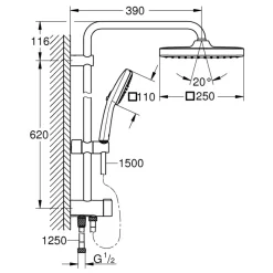 Grohe Douchesysteem Vitalio Comfort 250 Douchesysteem vierkant met omstelling, Max. 8,0L/M Bij 3 Bar Chroom - hartafstand kraan 15 cm