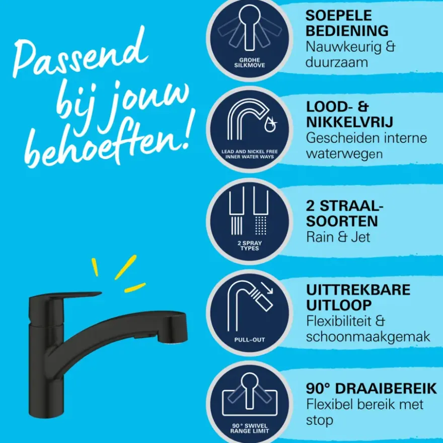 Grohe keukenkraan Quickfix Start uitrekbaar zwart