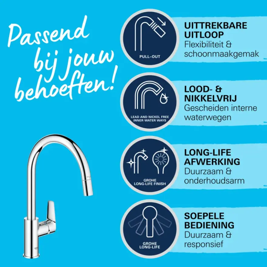 Grohe Keukenmengkraan Start Edge Hoge Uitloop Uittrekbare Mousseur Chroom
