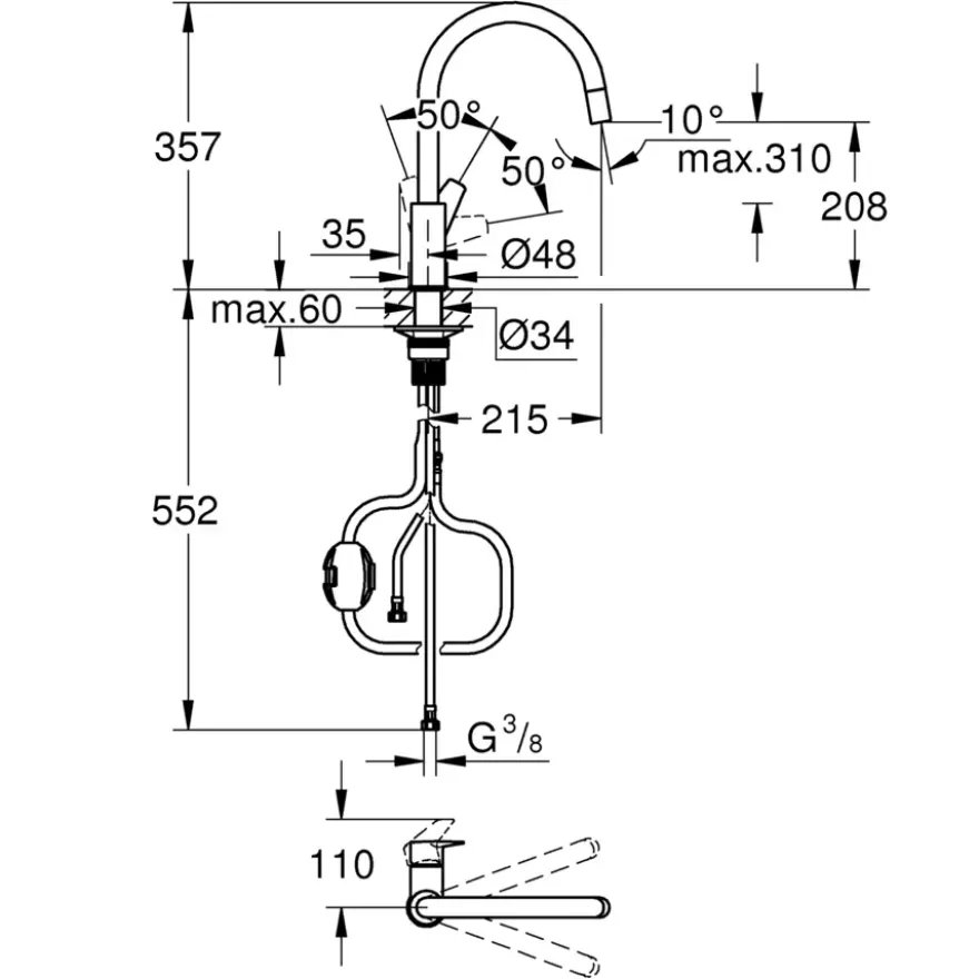 Grohe Keukenmengkraan Start Edge Hoge Uitloop Uittrekbare Mousseur Chroom
