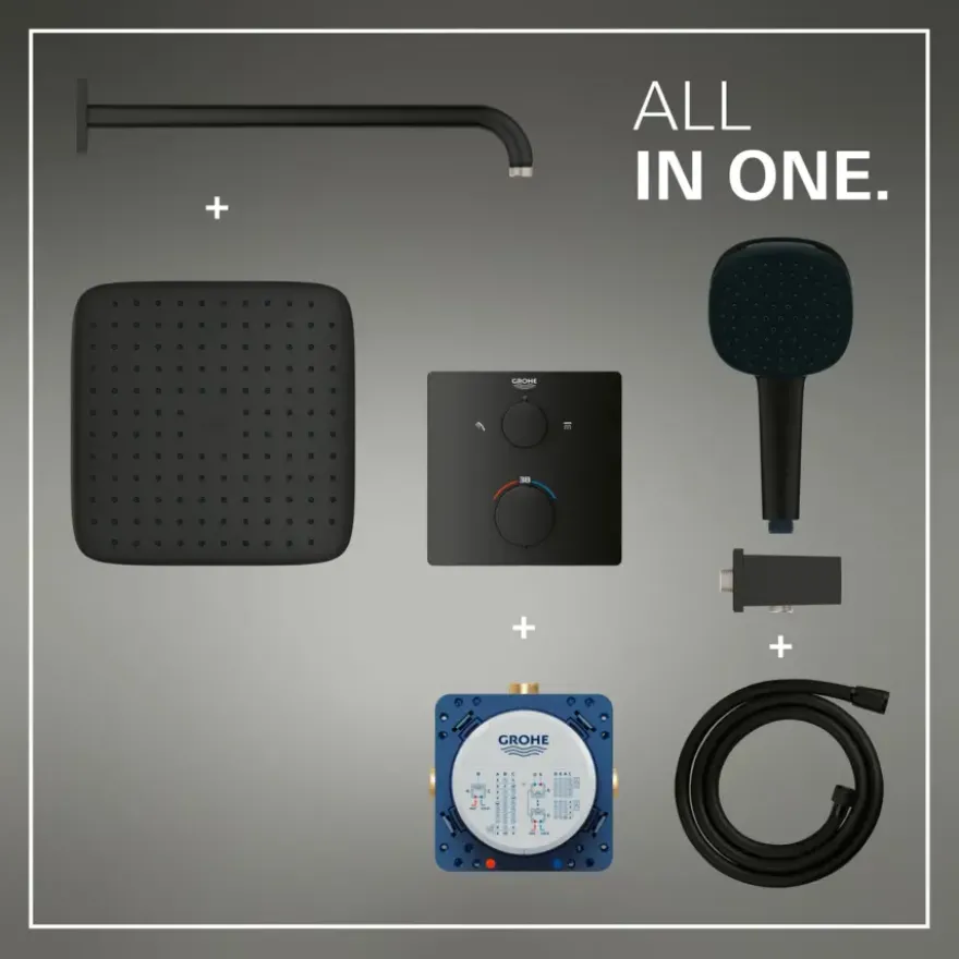 Grohe Precision Thermostat Perfect inbouw douchesysteem met Vitalio Comfort 250 hoofddouche vierkant Mat Zwart