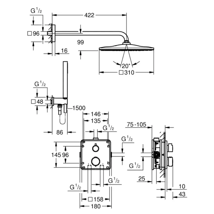 Grohe Precision Thermostat Perfect inbouw douchesysteem met Vitalio Rain Mono 310 hoofddouche vierkant Chroom