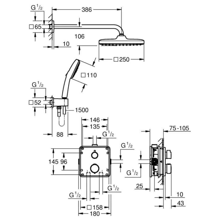 Grohe Precision Thermostat Perfect inbouw douchesysteem met Vitalio Comfort 250 hoofddouche vierkant Chroom