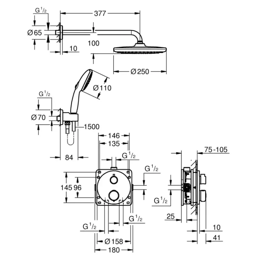 Grohe Precision Thermostat Perfect inbouw douchesysteem met Vitalio Comfort 250 hoofddouche rond Mat Zwart