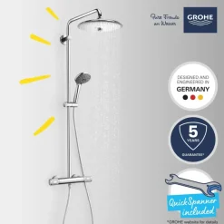 Grohe regendoucheset Quickfix Vitalio Joy - hoofddouche 26 cm - met handdouche en thermostaatkraan 3 standen chroom - hartafstand kraan 15 cm