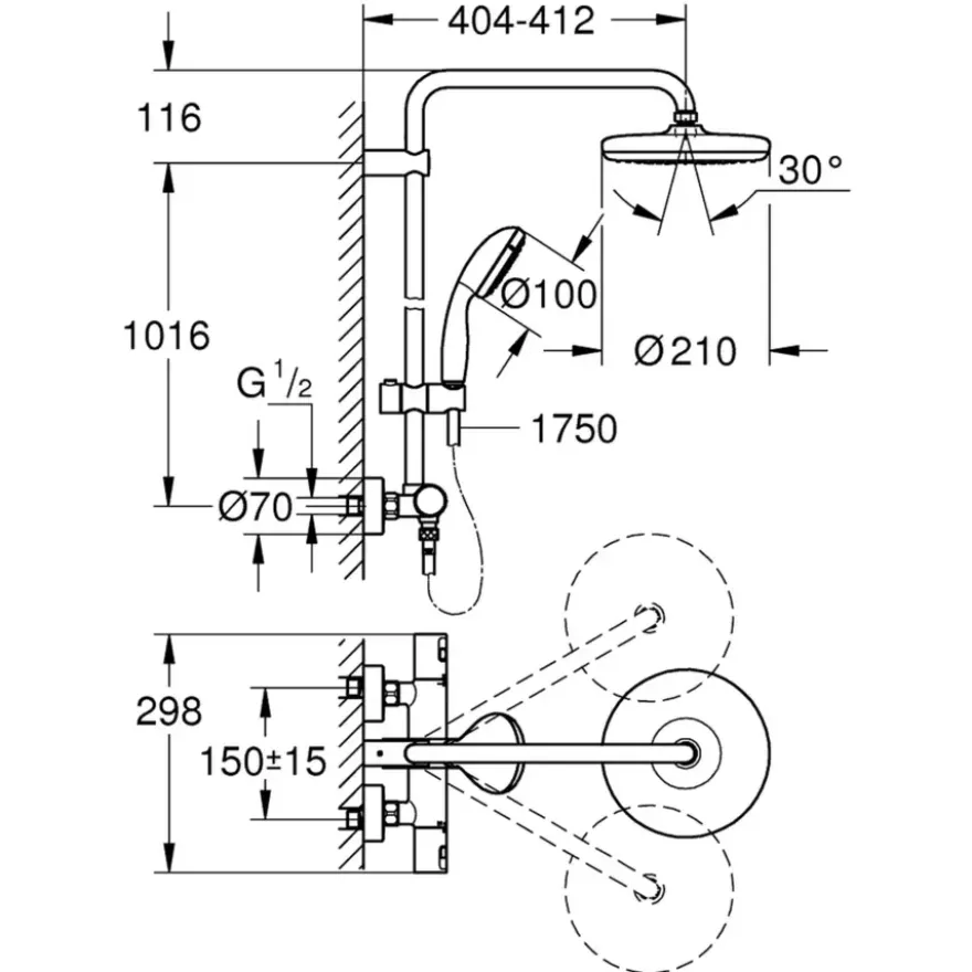 Grohe regendouche Vitalio Start 210 met thermostatische douchekraan