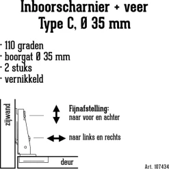 HANDSON Inboorscharnier met veer Type C (volledig terugliggend) 35 mm - 2 stuks