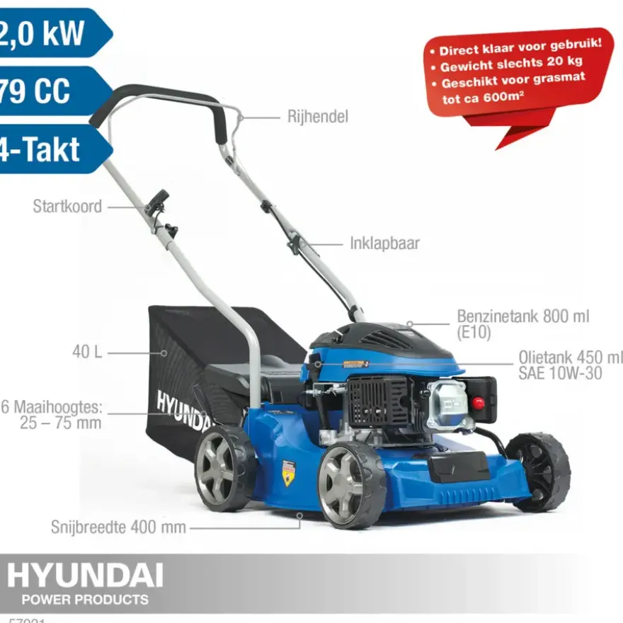 Hyundai benzine grasmaaier 40cm 79,8cc