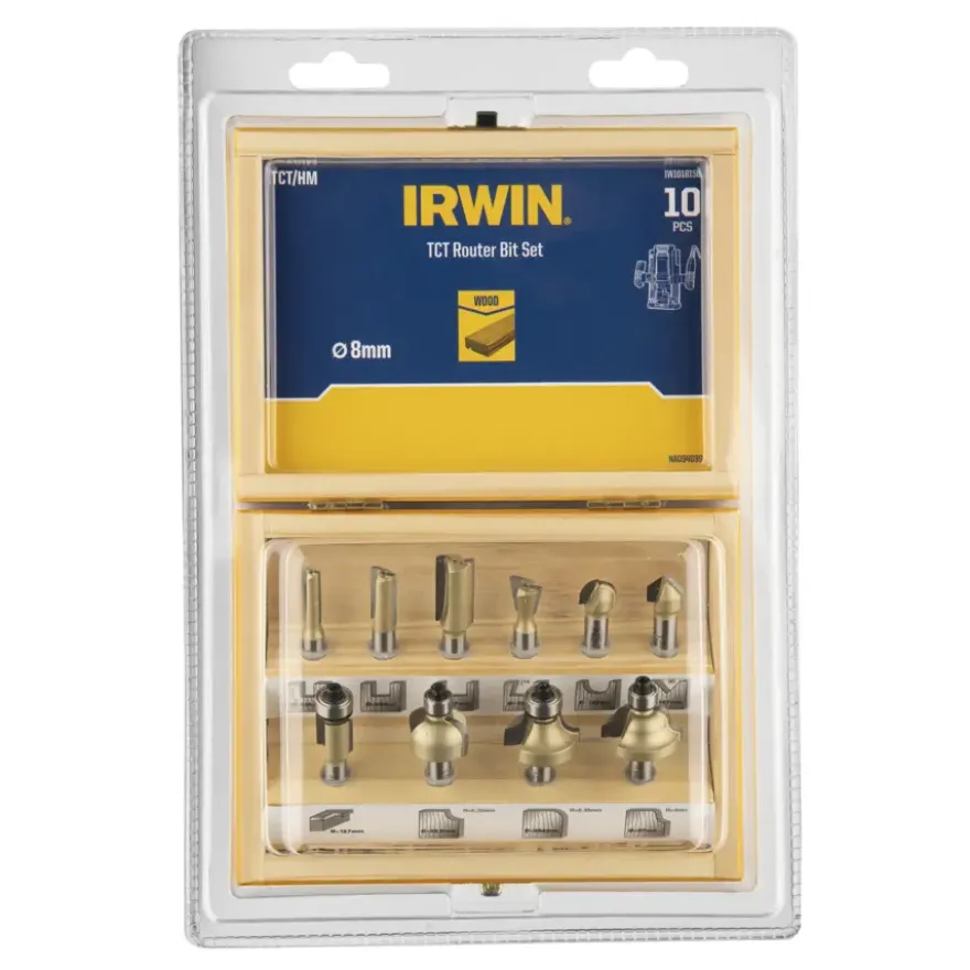Irwin bovenfrezenset in houten kistje - 10-delig - 8 mm stift aansluiting
