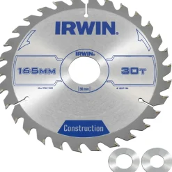 Irwin cirkelzaagblad Ø165 mm. Inclusief reduceerringen waardoor geschikt voor asgat 16, 20 en 30 mm, vertanding 30T