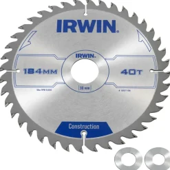 Irwin cirkelzaagblad Ø184 mm. Inclusief reduceerringen waardoor geschikt voor asgat 16, 20 en 30 mm, vertanding 40T