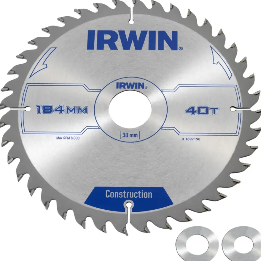 Irwin cirkelzaagblad Ø184 mm. Inclusief reduceerringen waardoor geschikt voor asgat 16, 20 en 30 mm, vertanding 40T