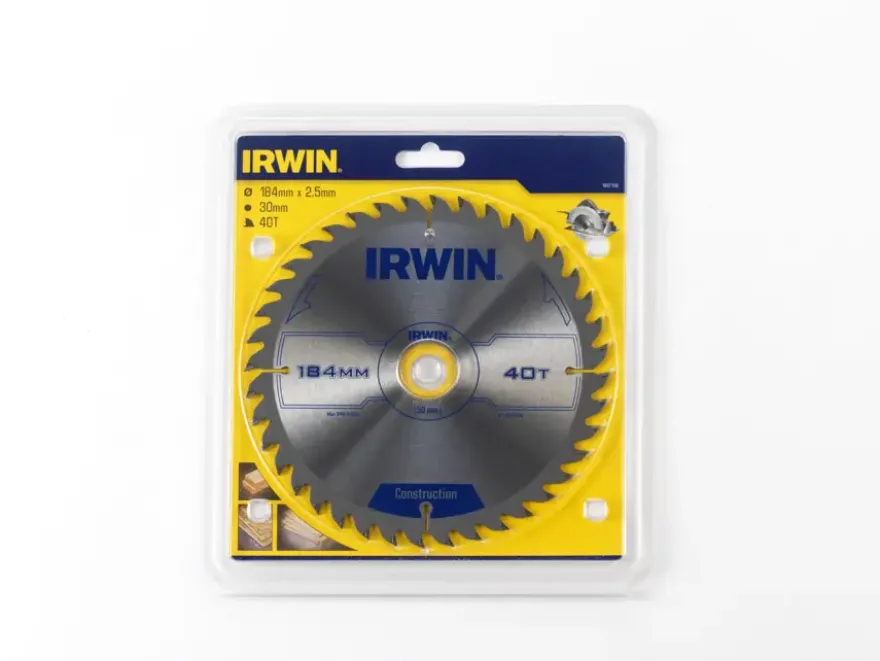 Irwin cirkelzaagblad Ø184 mm. Inclusief reduceerringen waardoor geschikt voor asgat 16, 20 en 30 mm, vertanding 40T