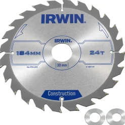 Irwin cirkelzaagblad Ø184 mm. Inclusief reduceerringen waardoor geschikt voor asgat 16, 20 en 30 mm, vertanding 24T